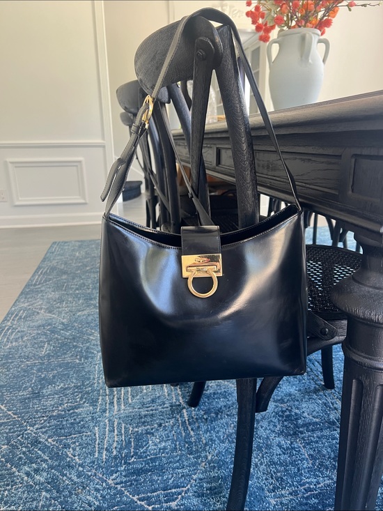 Salvatore Ferragamo Handbags - Salvatore Ferragamo Black Leather Shoulder Bag with Gold-Tone Gancini